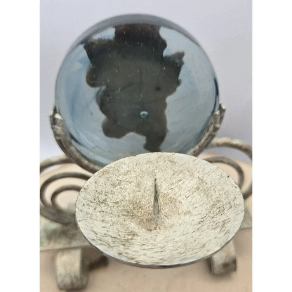 Angel Candle Holder Cherub Round Hand Blown Glass Metal Frame Christmas Vintage